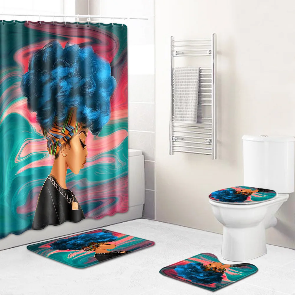 

Printing Bath Mat and Polyester Shower Curtain Set Shower Room Decor Toilet Mat Foot Rug Set Set Anti Slip Toilet Seat Cushion