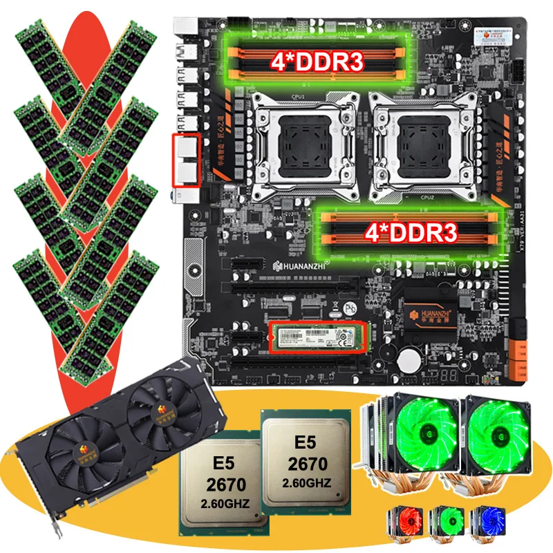 Комплект материнской платы HUANANZHI dual X79 с видеокартой M.2 256G SSD GTX1660 6G CPU Xeon E5 2670