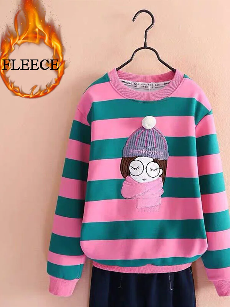 Sweatshirt for Girls Winter Fleece Thicken Kids Pullover Tops Casual Stripe Teenager Children's Clothing School Girl Outerwear