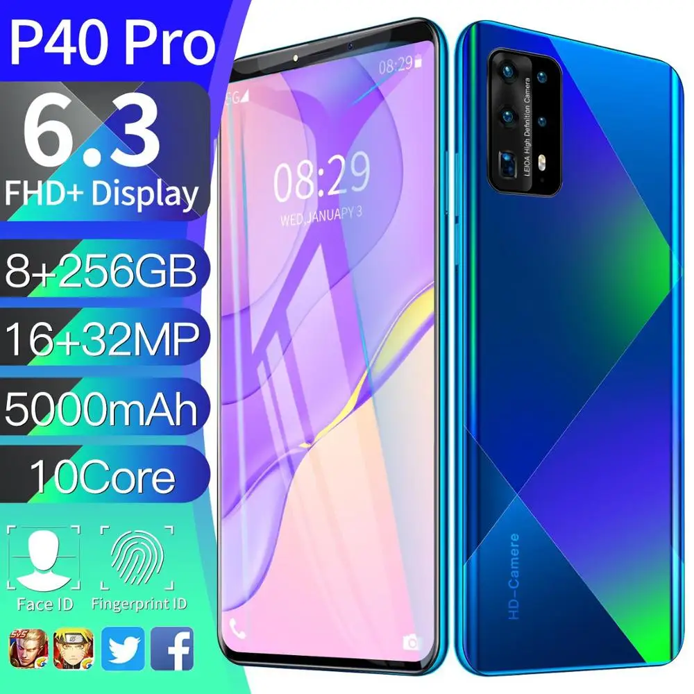 

Global Version P40PRO Mobile Phones 8GB RAM 256GB ROM 5000MAH 2 Sim 5G 6.3" Screen Unlock Smartphone Flash Sale In Stock Google