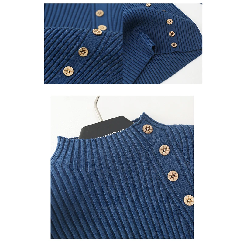 

Half High Collar Long Sleeve Pullover Sweater Women's Spring Autumn Solid Knitted Top Slim Chic Button Basic Women Clothing 2021