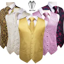 High Quality Silk Mens Slim Fit 4pcs Vest Necktie Hankerchief Cufflinks Suit Waistcoat Jacket Neck Tie Set Floral Paisley Solid (4)