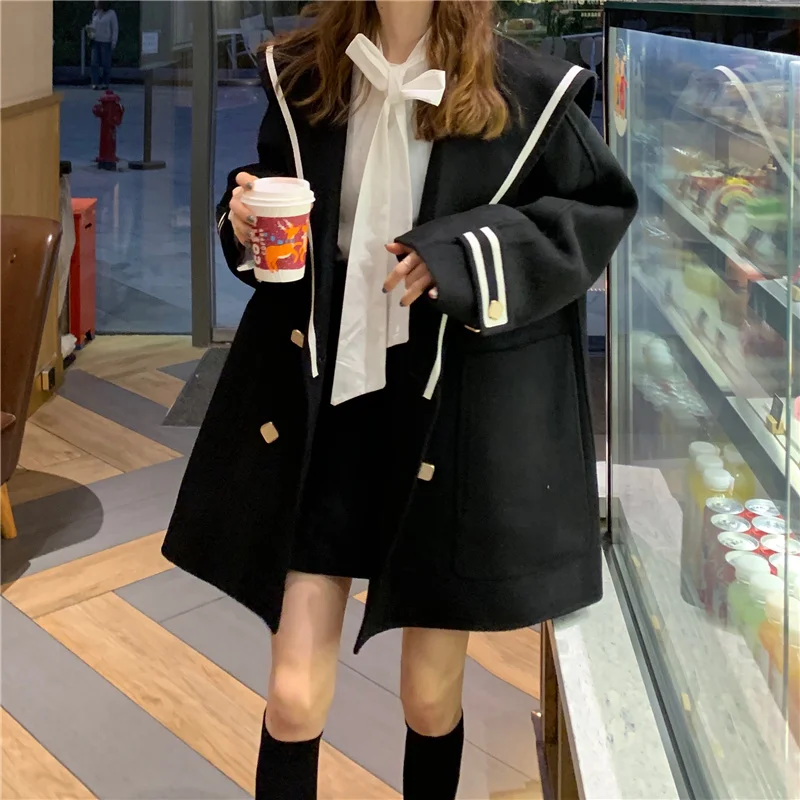 

2021 New Spring Autumn Navy Lapel Woolen Coat Female Mid-long New Korean Style Women's Outerwear Faux Wool Coats