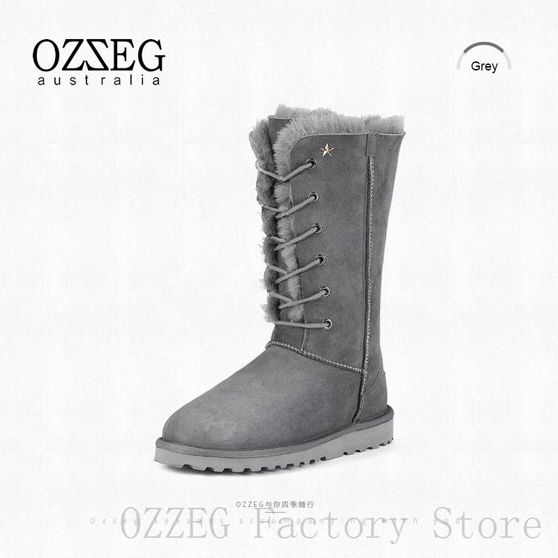 OZZEG, роскошные брендовые классические зимние сапоги из натуральной кожи, австралийские женские сапоги, женские сапоги до середины икры на овечьем меху, зимняя обувь, OZ0035 - Цвет: Серый
