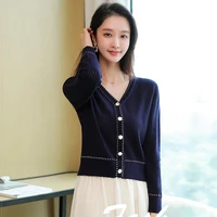korean fashion clothes for women spring autumn patchwork chic cardigan sweater single breasted v neck knit short jacket tops