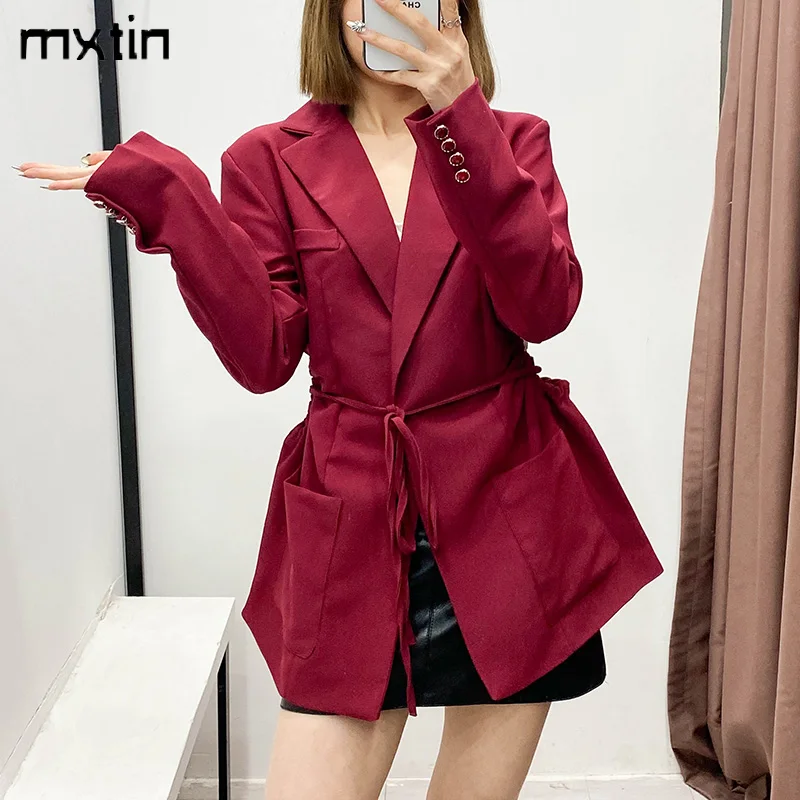 

MXTIN 2021 Women Spring Vintage Solid Split Jacket Coat Fashion Turn-down Collar Pockets Belt Outerwear Casual Chic Tops Mujer