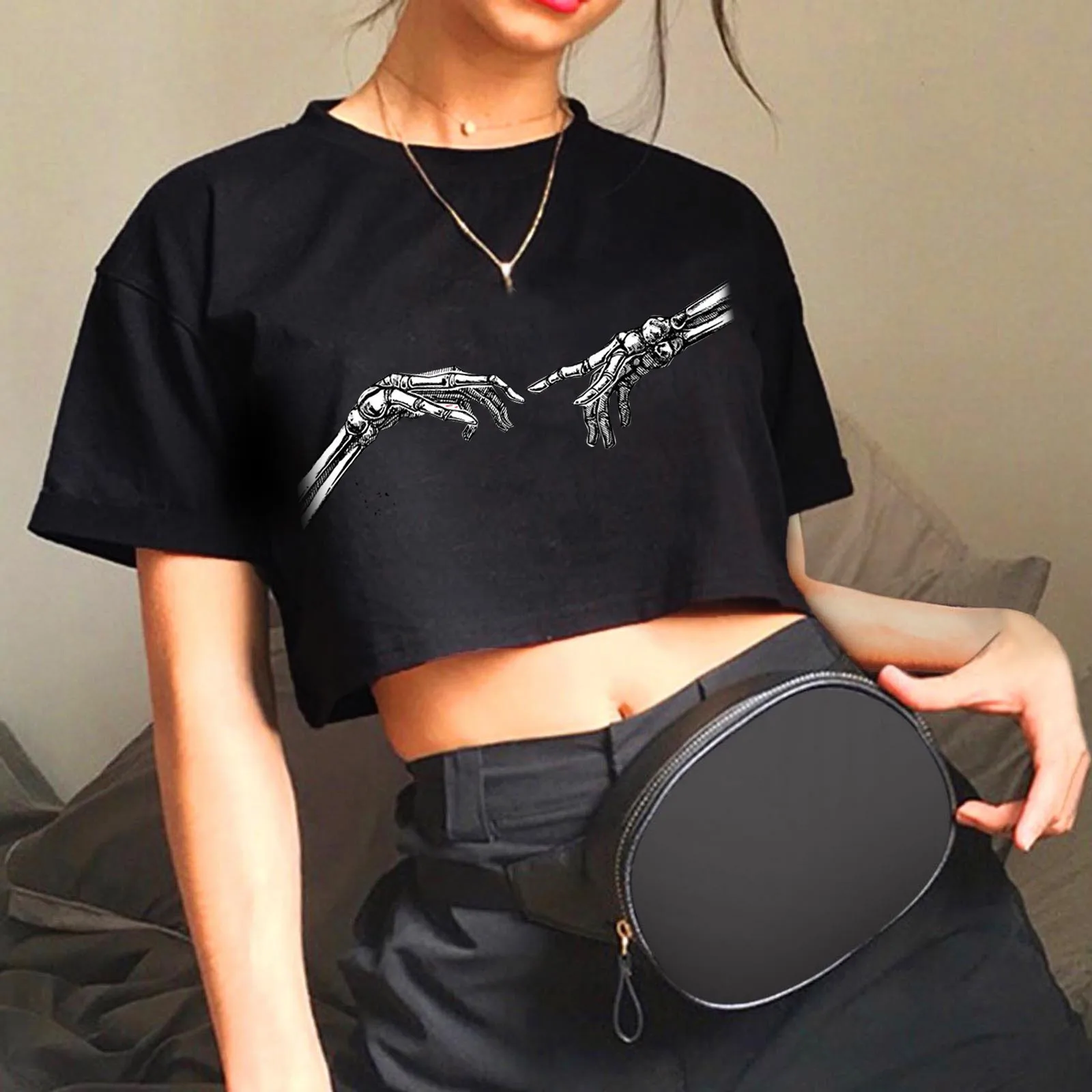 

Женская футболка с коротким рукавом, черная Готическая футболка с забавным принтом черепа и высокой талией, модель 2021 на лето