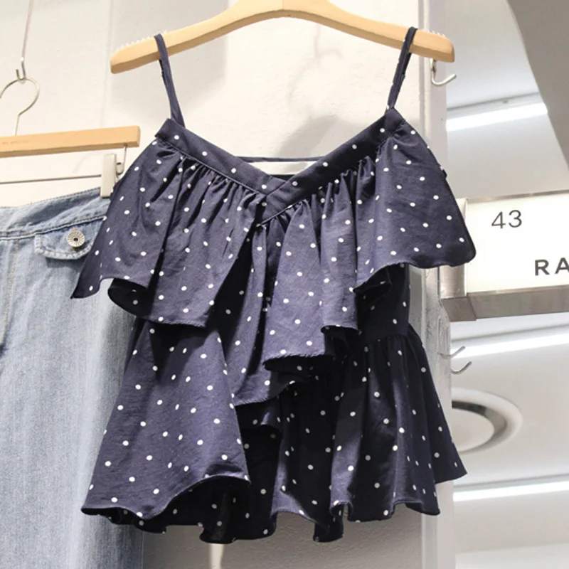 

Summer New Korean V Neck Ruffled Wavelet Dot Camis Women Casual Slim Top