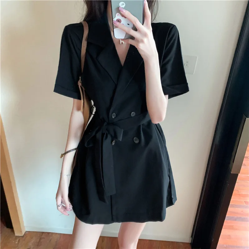 

fashion women jumpsuits 2021 summer double-breasted all-match black short-sleeved suit one-piece shorts female bodysuit