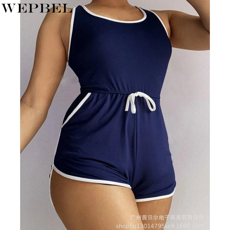 

WEPBEL Playsuits Women's Sexy Slim Fit Solid Color Lace-up Playsuits Summer Sleeveless O-Neck High Waist Straight Playsuits