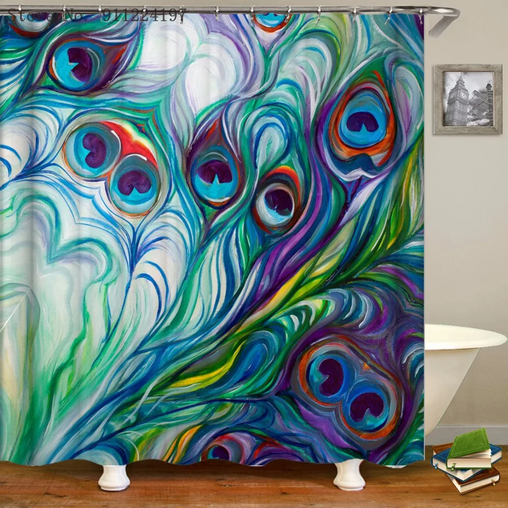 

3D Peacock Feather Print Shower Curtains Polyester Bathroom Curtain Waterproof Frabic Green Peacock Bathroom Curtain With Hooks