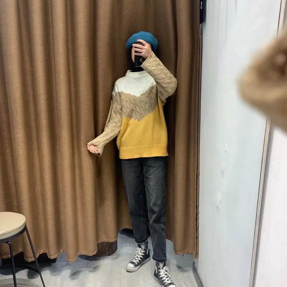 ZA новый весенний женский белый коричневый желтый контрастный вязаный свитер с