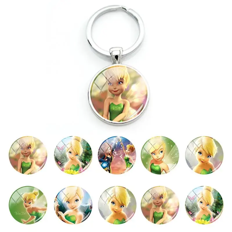 Disney Tinker Bell Fairy Tales Keyrings Charm Bag Keychain for Children Girls Pendant Glass Cabochon Keychains Jewelry DSN608