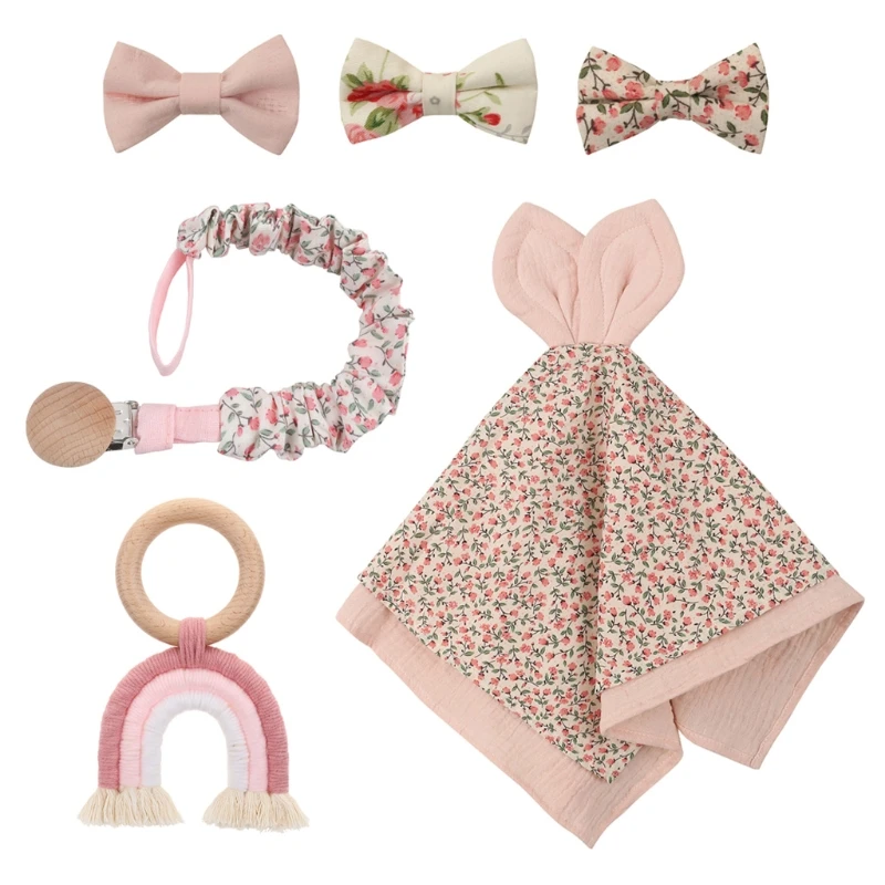 

4 Pcs Baby Sleep Toy Soothe Appease Towel Set Double Sided Cotton Bib Wooden Teether Rattle Bracelet Toys Newborn Bath Gift