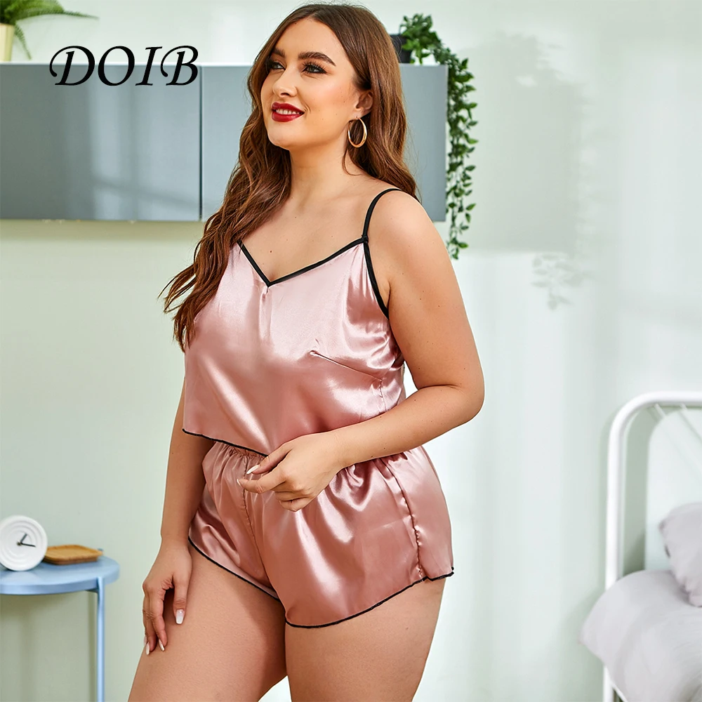 

DOIB Women Pink Sexy Spaghetti Strap Satin Silk Pajamas Plus Size Sleepwear 2 Pieces Set Casual Homewear Short Pants Nightwear