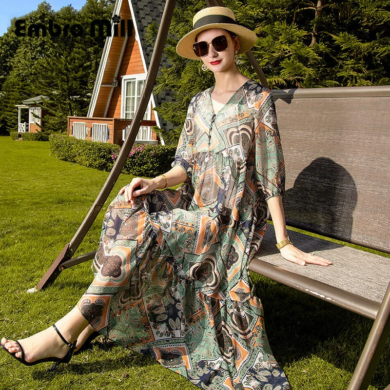 

Elegant Print Women's Spring Summer Floral V-Neck Cake Layer High Waist Three Quarter Sleeve Seaside Party Lady Dress M-XXL