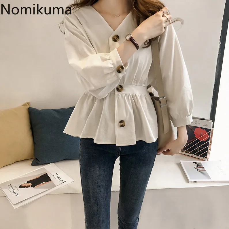 Nomikuma винтажная модная однотонная блузка с v-образным вырезом и длинными рукавами