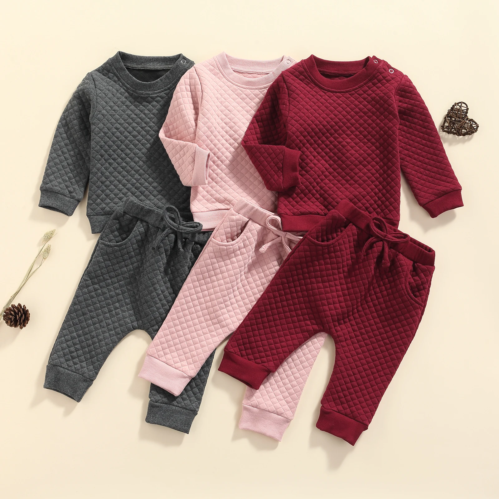 

2Pcs Kids Autumn Tracksuit, Solid Color Thick Long Sleeves Pullover Shirt + Casual Pants for Little Boys, Girls, 0-24 Months