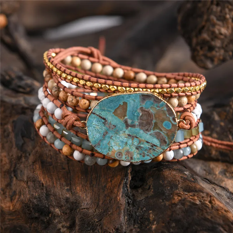 5 шт. кожаный браслет с бусинами огромный OceanStone шикарные украшения богемный