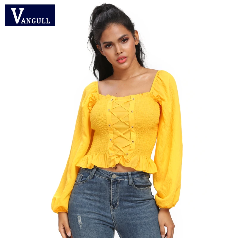 

Vangull Summer Square colar Solid Women Chiffon shirt Long Puff sleeve Bandage Elastic bust Designed Sweet French Short Shirt