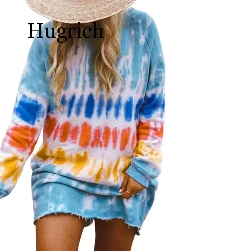 

New Casual Rainbow Tie Dye Print Sweatshirt Dress for Women Long Sleeve O-Neck Mini Dress Female Loose Straight Dress 2020