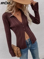 aproms elegant solid color ribbed knitted cardigans women winter v neck basic stretch sweater female fashion buttons jumper 2022