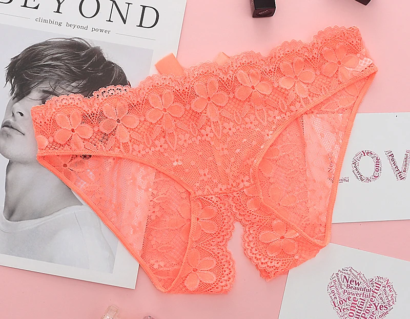 Sexy Lace Hollow Panties Tempting Women Briefs Opening Crotch Low Waist Female Underwear Transparent Sexy Cute Bow Panty