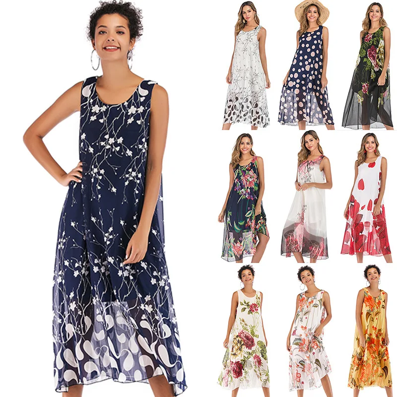 

2020 Boho Summer Middle Age High Quality Print Dress Vintage Elegant Large Size Loose O-Neck Women Dress