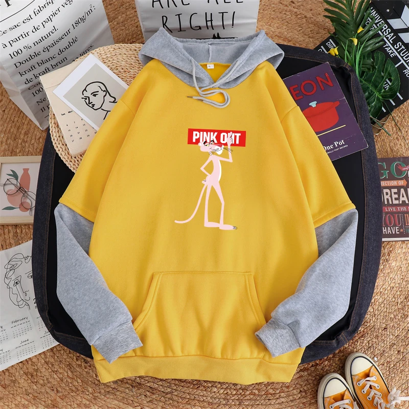 

Fall Winter Spell Color Splicing Fleece Hoodies Women Cartoon Anime Pink Panther Print Fashion Korean Harajuku Style Sweatshirt