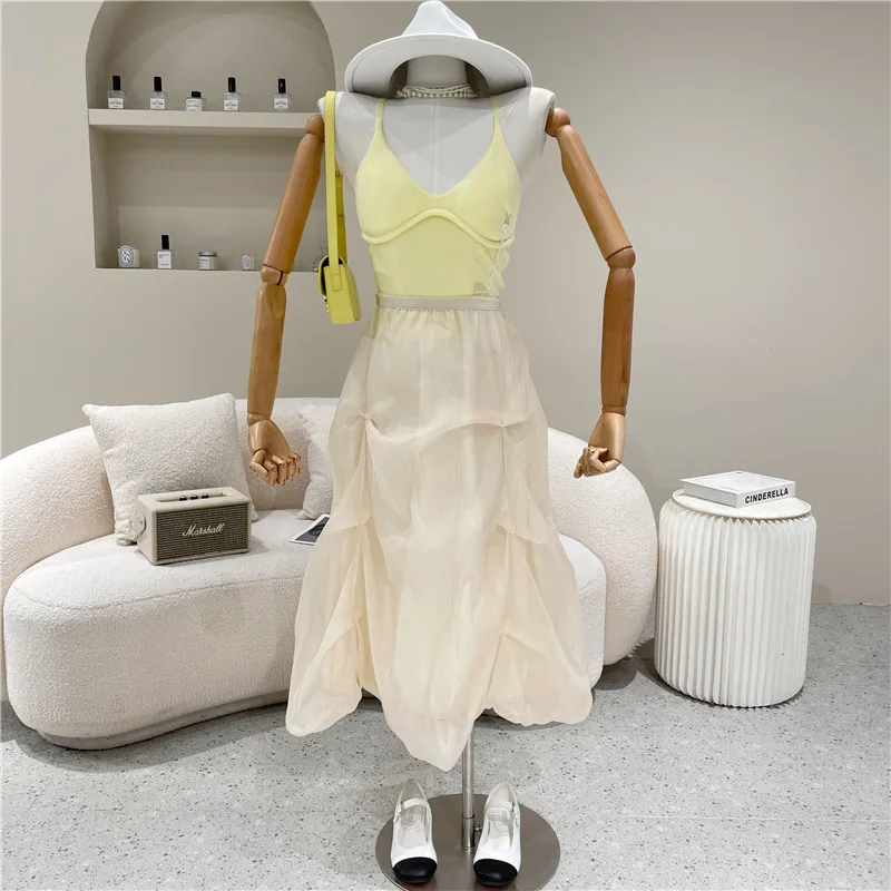 

New Women's Clothing Summer 2021 Fashion Design sense irregular mesh High waisted pleated A-line skirt