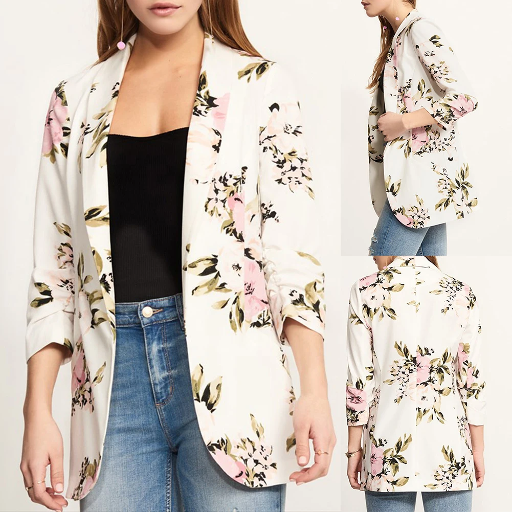 

women's blazer jacket casual solid color Elegant Flower Print Long Sleeve Blazer Women Slim Office Lapel Suit Jacket formal 2020