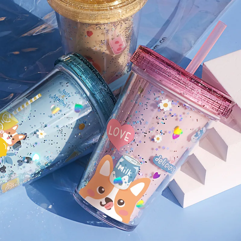 

Cute Puppy Straw Cup BPA Free Plastic Cups Reusable Tumbler Water Bottle Kawaii Summer Ice Cup Coffee Mug Cartoon Kettle Gift