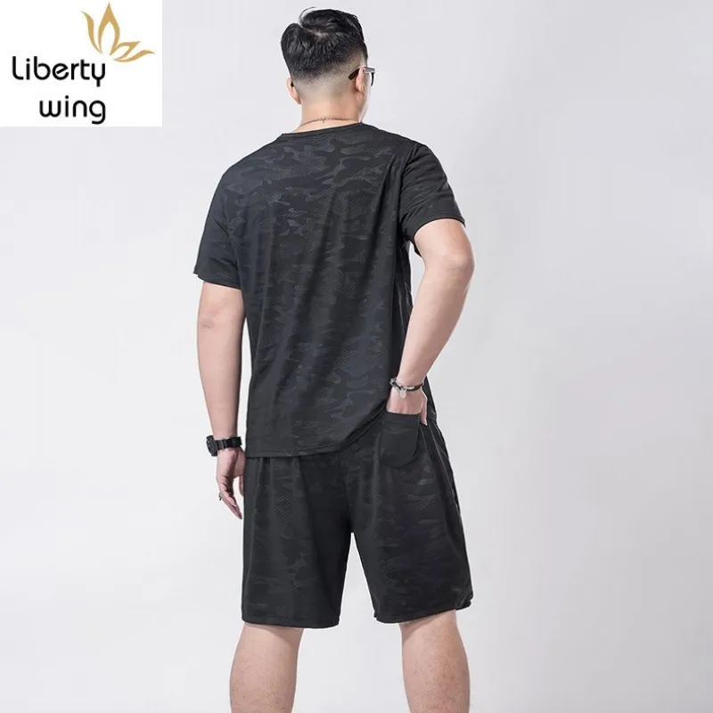 Yoga Camouflage Tracksuit Men Spring Summer Running Gym Short Sleeve T-shirt Shorts Street Casual Loose Sportswear Plus Size 7XL | Мужская