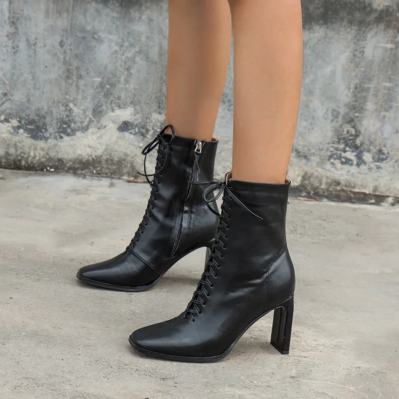 

Women Square head Ankle Boots Fashion Cross Strap Square high heels Winter Shoes Zipper Office Lady Boots