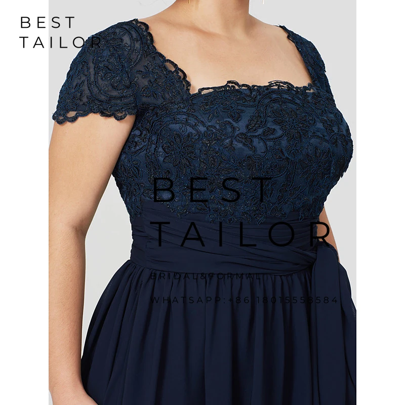 

Navy Blue Short Mother of the Bride Dresses Plus Size Knee Length Squre Neck Cap Sleeves Wedding Party Gown Vestidos De Madrinha
