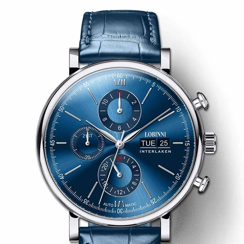 Blue Leather LOBINNI Элитный бренд, механические часы Мужские автоматические мужские часы 50 м Водонепроницаемые Мужские часы Мужские сапфировые 24 часа montre homme - Цвет: Blue Leather