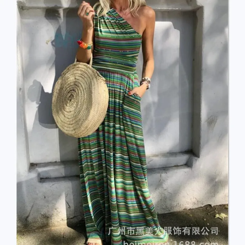 

Summer New Arrival Women Striped Dress Fashion Casual Pockets One Shoulder Loose Maxi Dress