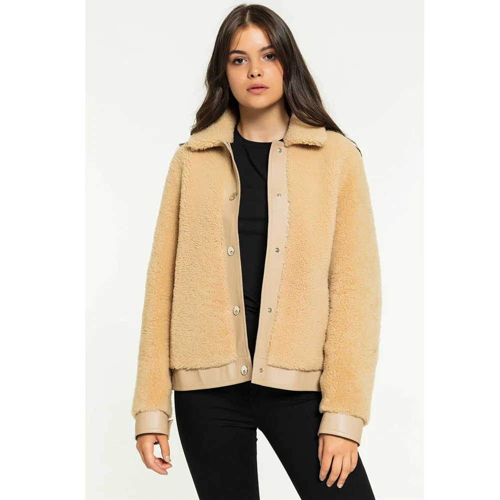 Womens Beige Shearling Jacket Turkey Fur Jacket College Wool Coat Short Leather Jacket Womens Coats