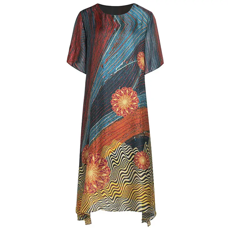 

Mom Big Code Loose Summer Printing Real Silk Dress Noble Silk Satin Dress