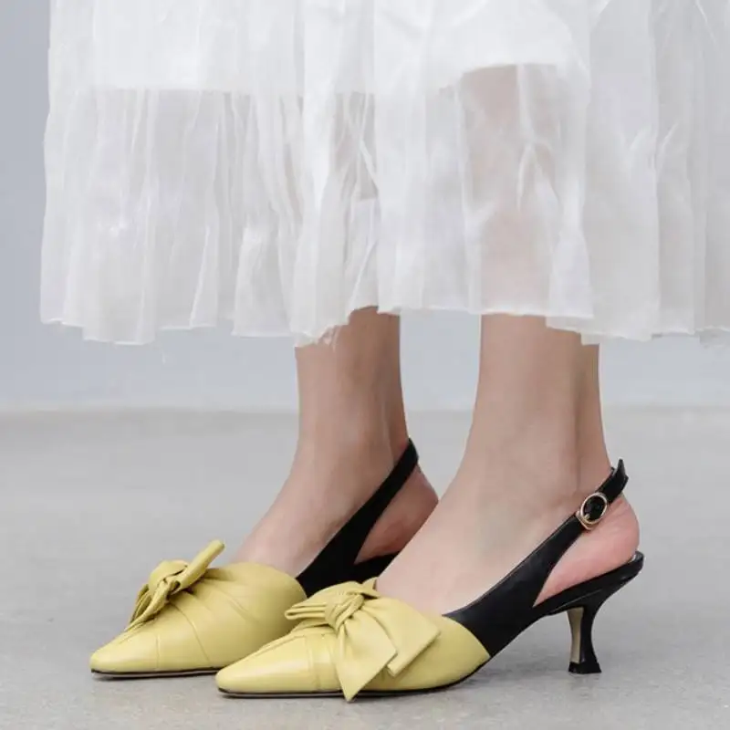 

RizaBina Women Fashion Pumps Shoes Slingbacks Metal Buckle Shoes Women Special Heels Genuine Leather Bowknot Footwear Size 33-43