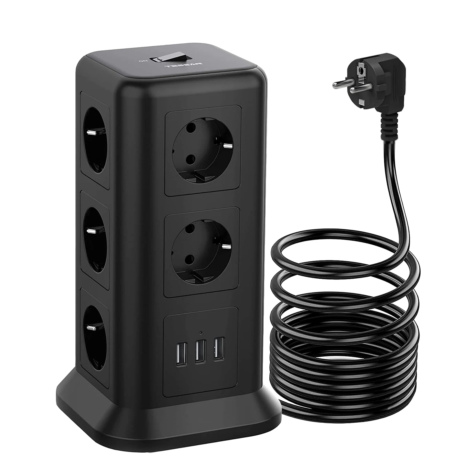 

TESSAN Socket Power Strip, 2M Cable Socket Tower Power Strip with 3 USB Ports & 11 Outlets, Overvoltage Protection, 2500W / 10A
