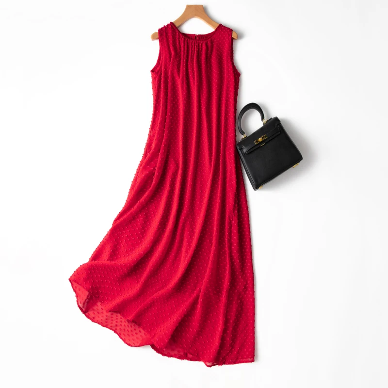 

SHUCHAN Red Tank Dress Real Silk High Street Mid-Calf O-Neck Summer New 2021 Fashion Summer Dresses Women