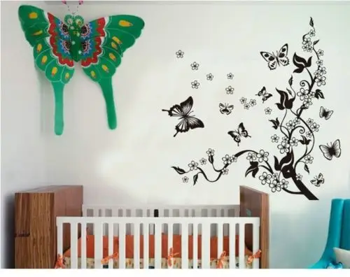 Огромные черные виниловые наклейки на стену с цветами бабочками листьями
