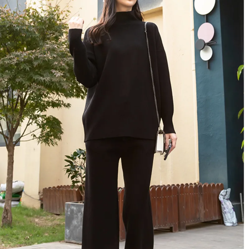 

High Quality Wool Sweater Pant Suits For Women Two Piece Set Knitted Pullover Long Sleeve Loose Tops Wide Leg Pants Tracksuit