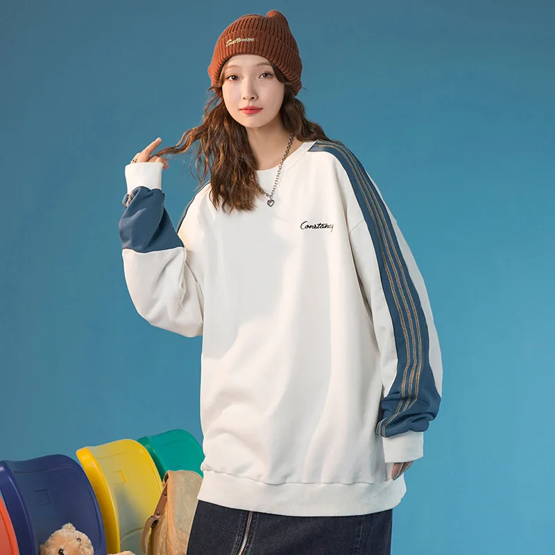 

CAIDA Women Round Neck Sweater Stitching Color All-match Long Sleeve 2021 New Coat Couple Pullover Dropshipping