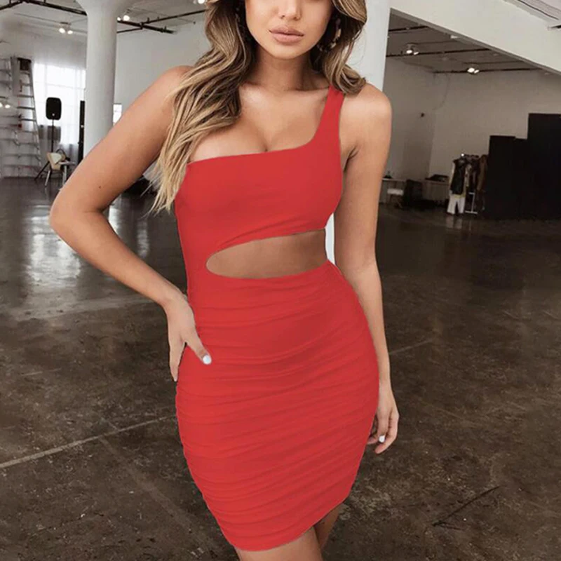 

Shirred Cropped Dress One Shoulder Hollow Out Ruched Bodycon Mini Dress Club Wear Sukienka Skin Tight Fitted Women Dress Straps