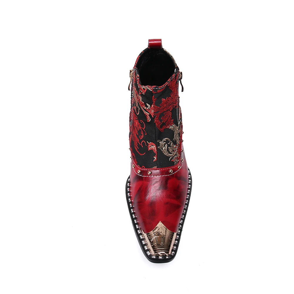 

Christia Bella Plus Size Metal Pointed Toe Red Genuine Leather Embroidery Male Cowboy Ankle Boots Men Fashion Dress Zipper Boots
