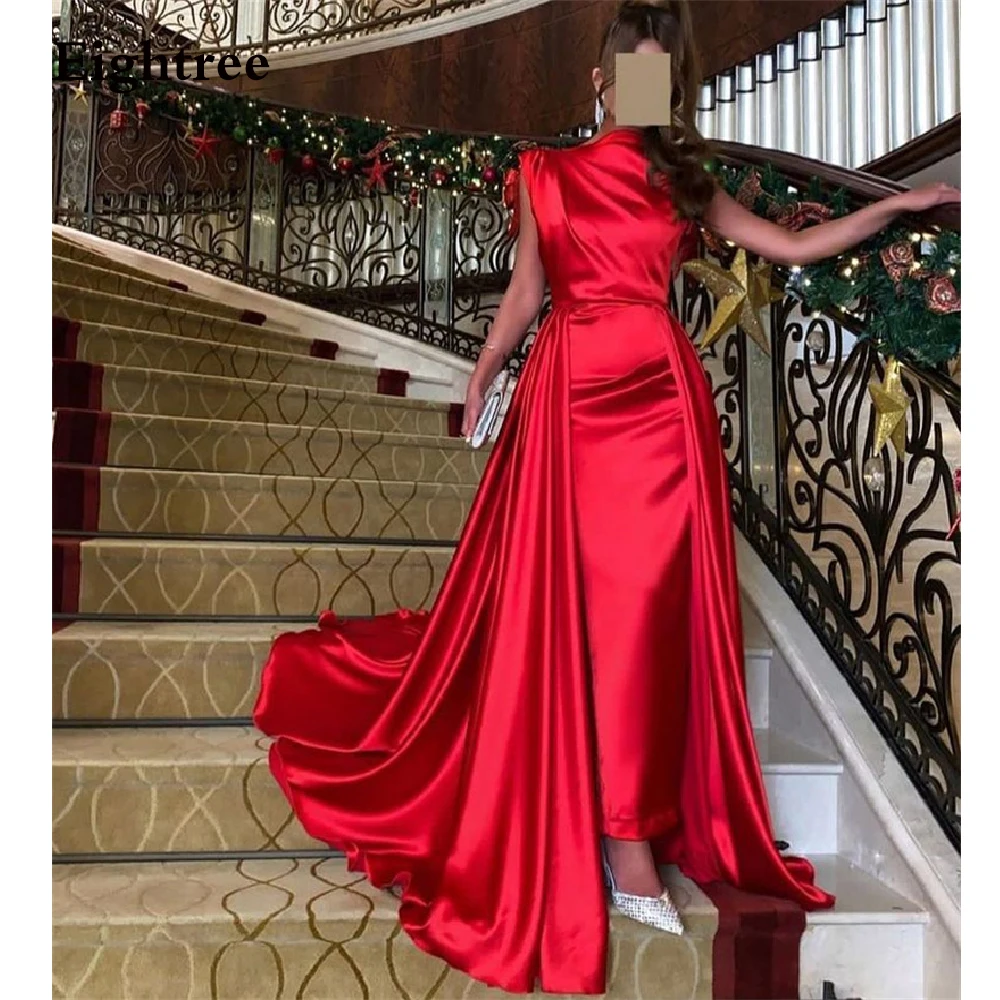 

Eightree Wine Red O Neck A Line Long Night Party Dresses SleevelessSaudi Arabic Dubia Simple Evening Formal Dress Satin Gown