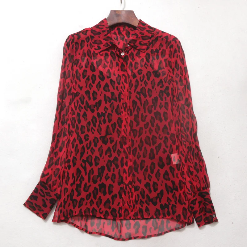 Женская блузка с длинным рукавом красная Повседневная шелковая леопардовым