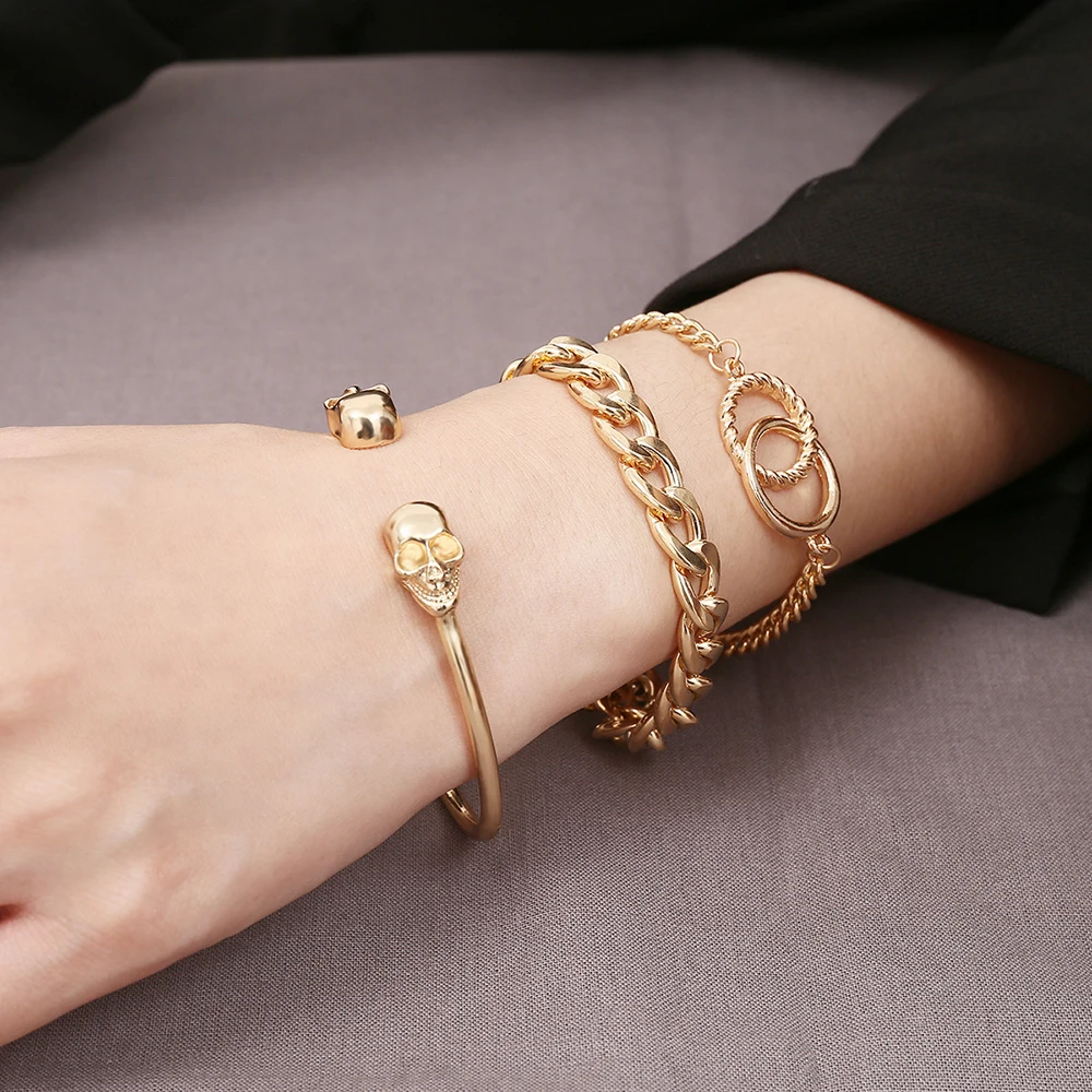 

Layered Gold Bracelets for Women Dainty Chunky Thick Chain Skull Bangles Gold Bracelet Set Punk Trendy Jewelry Gift